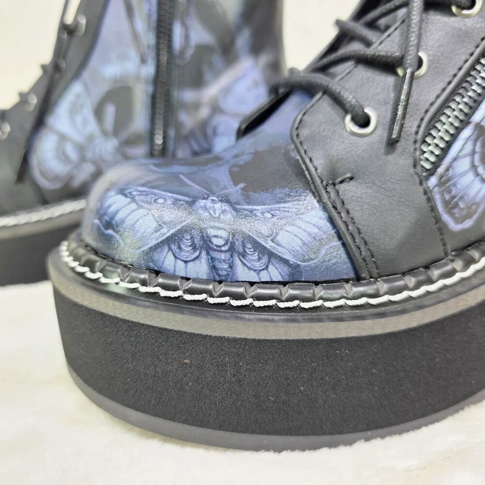 NIB NEW DEMONIA Emily Death Moth Skull Graphic Platform Goth Punk Mid Calf Boots - Picture 15 of 16